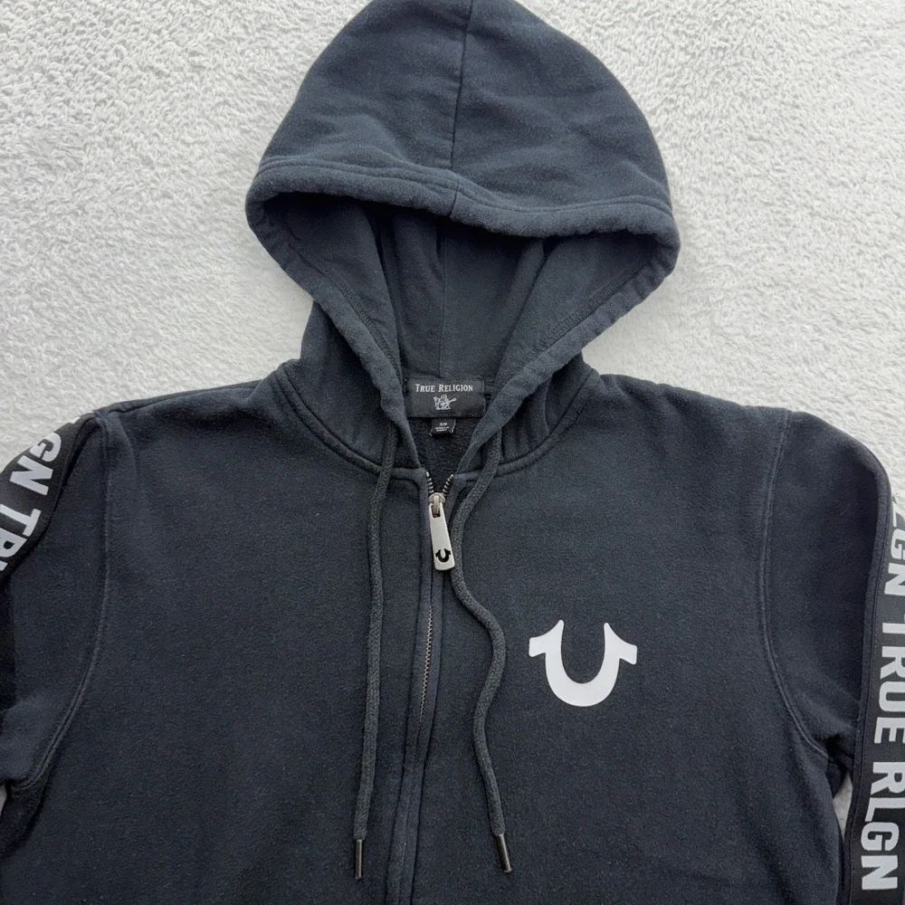 True Religion Mens Black Zip Up Hoodie Horseshoe‎ Logo Tape Sleeve Sweatshirt S